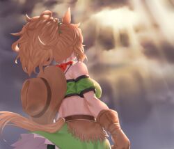 Rule 34 | 1girl, animal ears, bare shoulders, breasts, brown gloves, brown hair, brown headwear, cloud, cloudy sky, commentary request, crop top, from behind, gloves, green shirt, green skirt, highres, horse ears, large breasts, midriff, miniskirt, off-shoulder shirt, off shoulder, onsoku inu, outdoors, ponytail, shirt, short sleeves, skirt, skirt set, sky, solo, taiki shuttle (umamusume), tail, umamusume, upper body