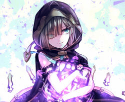 Rule 34 | 1boy, black gloves, brown hair, brown hood, cage, closed mouth, gloves, glowing, green eyes, gretel (sinoalice), hair between eyes, hansel (sinoalice), highres, looking at viewer, looking to the side, short hair, simple background, sinoalice, sleeveless, smile, solo, towada-san (thank39), trap, white background