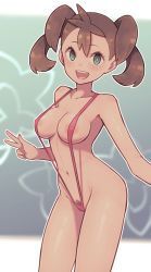 Rule 34 | 1girl, alternate breast size, areola slip, bare shoulders, breasts, brown eyes, brown hair, collarbone, cowboy shot, creatures (company), female pubic hair, game freak, green background, highres, lamb-oic029, looking at viewer, matching hair/eyes, medium breasts, nintendo, one-piece swimsuit, open mouth, pink one-piece swimsuit, pokemon, pokemon xy, pubic hair, pubic hair peek, shauna (pokemon), slingshot swimsuit, smile, solo, standing, swimsuit, v