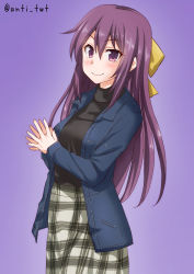 Rule 34 | 1girl, alternate costume, anti (untea9), black sweater, blazer, blue jacket, bow, commentary request, cowboy shot, grey skirt, hair bow, highres, jacket, kamikaze (kancolle), kantai collection, long hair, looking at viewer, own hands together, plaid, plaid skirt, purple background, purple eyes, purple hair, simple background, skirt, smile, solo, sweater, turtleneck, twitter username, yellow bow