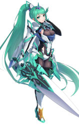 Rule 34 | 1girl, aqua eyes, aqua hair, armor, blush, boots, breasts, closed mouth, clothes writing, earrings, elbow gloves, faulds, full body, gloves, gonzarez, hand up, high heel boots, high heels, high ponytail, highres, holding, holding sword, holding weapon, jewelry, large breasts, long hair, looking at viewer, pneuma (xenoblade), shoulder armor, simple background, smile, solo, standing, sword, thigh boots, thighhighs, very long hair, weapon, white background, white footwear, white gloves, xenoblade chronicles (series), xenoblade chronicles 2