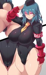 Rule 34 | 1girl, absurdres, ass, beret, black hat, black leotard, blue hair, breasts, byleth (female) (fire emblem), byleth (fire emblem), character name, commentary request, cosplay, covered erect nipples, fat mons, fingerless gloves, fire emblem, fire emblem: three houses, gloves, glowing, glowing eyes, gluteal fold, hair between eyes, half-closed eyes, hat, highres, hypnosis, konno tohiro, leotard, medium hair, mind control, nintendo, pink eyes, red gloves, ribbed leotard, salute, shadaloo dolls, skin tight, solo, street fighter, thighs
