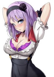 Rule 34 | 1girl, arms behind head, arms up, blue eyes, blush, bra, breasts, cleavage, collarbone, covered navel, dagashi kashi, hairband, highres, looking at viewer, medium breasts, nico-mo, parted lips, puffy short sleeves, puffy sleeves, purple bra, purple hair, shidare hotaru, short hair, short sleeves, simple background, solo, underwear, white background