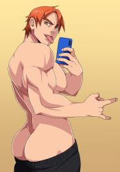 Rule 34 | 1boy, ass, back, bara, black shorts, brown eyes, butt crack, clothes pull, highres, holding, holding phone, large pectorals, male focus, muscular, muscular male, nipples, orange hair, original, pectorals, phone, selfie, sgt crisis, short hair, shorts, shorts pull, simple background, solo, tongue, tongue out, topless male