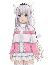 Rule 34 | 1girl, absurdres, bad id, bad pixiv id, black hairband, blue eyes, blunt bangs, doenji (auto7233), dragon girl, dragon horns, hairband, highres, horns, kanna kamui, kobayashi-san chi no maidragon, long hair, looking at viewer, open mouth, revision, silver hair, simple background, solo, tail, thighhighs, thighs, white background, white thighhighs