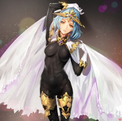 Rule 34 | 1girl, arm up, blue hair, bodysuit, cape, covered navel, cowboy shot, gloves, highres, looking at viewer, original, parted lips, short hair, solo, standing, tiara, white gloves, yd (orange maru), yellow eyes