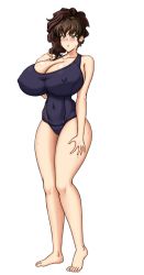 Rule 34 | 1girl, abridged-satoko, blush, breasts, brown hair, cleavage, covered erect nipples, covered navel, feet, highres, huge breasts, looking at viewer, mature female, one-piece swimsuit, open mouth, ponytail, solo, sweat, swimsuit, thick thighs, thighs, umineko no naku koro ni, ushiromiya natsuhi, yellow eyes