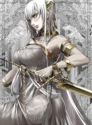 Rule 34 | 1girl, armlet, ass, bare shoulders, breasts, female focus, grey eyes, grey theme, large breasts, lips, long hair, looking at viewer, original, polearm, silver hair, solo, spear, tanupo, very long hair, weapon