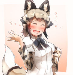 Rule 34 | 1girl, ^ ^, african wild dog (kemono friends), african wild dog print, animal ear fluff, black hair, blush, bow, bowtie, closed eyes, collared shirt, denka (denka ilst), closed eyes, facing viewer, flustered, flying sweatdrops, furrowed brow, grey hair, hand on own hip, hand up, highres, kemono friends, layered sleeves, long sleeves, medium hair, multicolored hair, nervous smile, open mouth, print sleeves, shirt, short over long sleeves, short sleeves, smile, solo, spread fingers, two-tone hair, upper body, white shirt, wing collar