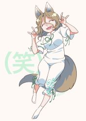 Rule 34 | 1girl, 2022, ^ ^, animal ears, bow, breasts, brown hair, closed eyes, commentary request, fox ears, fox shadow puppet, fox tail, green bow, green ribbon, hair between eyes, hands up, highres, kudamaki tsukasa, leg up, light brown hair, medium breasts, no shoes, open mouth, puffy short sleeves, puffy sleeves, ribbon, romper, shikido (khf), short hair, short sleeves, signature, simple background, smile, socks, solo, standing, standing on one leg, tail, touhou, translation request, white romper, white socks, yellow background