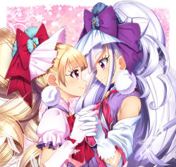 Rule 34 | 10s, 2girls, blonde hair, bow, cure amour, cure macherie, eye contact, feathers, gloves, hair bow, high ponytail, holding hands, hugtto! precure, interlocked fingers, long hair, looking at another, mad (hazukiken), multiple girls, precure, purple bow, purple eyes, red bow, red eyes, short sleeves, silver hair, smile, sparkle, upper body, very long hair, white feathers, white gloves, yuri
