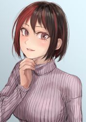 Rule 34 | 1girl, black hair, blue background, bob cut, brown eyes, commentary, hand on own chin, highres, kilye kairi, light smile, looking at viewer, multicolored hair, original, purple shirt, red hair, ribbed sweater, shirt, short hair, simple background, solo, sweater, turtleneck, upper body