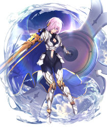 Rule 34 | 1girl, armor, armored boots, arondight (fate), blush, boots, breasts, cape, cleavage, cleavage cutout, closed mouth, clothing cutout, collarbone, cosplay, fate/grand order, fate (series), hair between eyes, hair over one eye, highres, holding, holding shield, holding sword, holding weapon, knight, lancelot (fate/grand order), lancelot (fate/grand order) (cosplay), large breasts, looking at viewer, mash kyrielight, navel, pink hair, purple eyes, shield, short hair, smile, solo, sword, untue, weapon