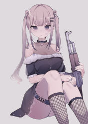 Rule 34 | 1girl, absurdres, ak-47, ass, assault rifle, bad id, bad pixiv id, bandaid, bandaid on cheek, bandaid on face, bare shoulders, black dress, black nails, blush, breasts, brown eyes, brown hair, closed mouth, collarbone, covered collarbone, dress, fishnets, grey background, grey nails, gun, hair ornament, hair rings, hairclip, hand on own knee, heart, heart collar, highres, holding, holding gun, holding weapon, kalashnikov rifle, long hair, looking at viewer, medium breasts, multicolored nails, nail art, nail polish, original, puffy short sleeves, puffy sleeves, rifle, short sleeves, sidelocks, simple background, sleeveless, socks, solo, tsuruse, twintails, very long hair, weapon