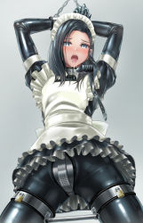 Rule 34 | 1boy, ameya, arms up, bdsm, black hair, blue eyes, blush, bodysuit, bondage, bound, chastity belt, cloth gag, commentary request, commission, cuffs, dildo gag, dress, frills, gag, gagged, gloves, handcuffs, highres, improvised gag, latex, latex bodysuit, latex dress, latex gloves, maid, maid headdress, male focus, mask, unworn mask, mouth mask, open mouth, original, over the nose gag, pixiv commission, restrained, saliva, solo, spreader bar, trap