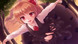Rule 34 | 1girl, :d, ascot, black vest, blonde hair, blush, commentary, darkness, dissolving clothes, evening, hair ribbon, highres, long sleeves, looking at viewer, lzh, navel, no panties, open mouth, outdoors, outstretched arms, red eyes, ribbon, rumia, shirt, short hair, smile, solo, spread arms, touhou, tree, vest, white shirt