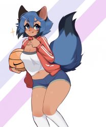 Rule 34 | 1girl, animal ears, ball, basketball, basketball (object), black hair, blue eyes, blue hair, body fur, brand new animal, breasts, cleavage, closed mouth, fredek666, furry, furry female, highres, holding, holding ball, jacket, kagemori michiru, kneehighs, looking at viewer, medium breasts, multicolored hair, navel, nike (company), raccoon ears, raccoon girl, raccoon tail, red jacket, shirt, short hair, socks, solo, tail, tongue, tongue out, track jacket, two-tone hair, v, white shirt, white socks