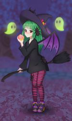 Rule 34 | 1girl, animal crossing, bat wings, black robe, blush, boots, broom, bug, character request, commentary, english commentary, food, fruit, full body, ghost, green eyes, halloween, hat, highres, holding, holding broom, holding food, holding fruit, long hair, long sleeves, looking at viewer, nintendo, pantyhose, peach, red eyes, robe, solo, standing, striped clothes, striped pantyhose, vickie (cryingrobot), villager (animal crossing), wings, witch hat