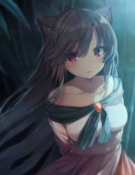 Rule 34 | 1girl, animal ears, arms behind back, bad id, bad pixiv id, bare shoulders, breasts, brooch, brown hair, collarbone, commentary request, dress, imaizumi kagerou, jewelry, long hair, looking at viewer, medium breasts, off-shoulder dress, off shoulder, parted lips, red eyes, shnva, solo, touhou, very long hair, wolf ears