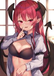 Rule 34 | 1girl, black bra, black wings, bow, bow bra, bra, breasts, cleavage, demon tail, demon wings, fang, head wings, highres, indoors, koakuma, long hair, long sleeves, looking at viewer, medium breasts, open clothes, open shirt, parted lips, pointy ears, red bow, red eyes, red hair, shirt, smile, solo, tail, touhou, underwear, white shirt, window, wings, wowoguni