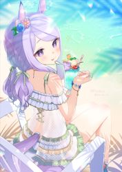 Rule 34 | 1girl, animal ears, bare shoulders, beach, bikini, blue flower, blue rose, blush, bow, chair, closed mouth, commentary request, cup, dated, day, drink, feet out of frame, flower, food, green bikini, green bow, hair bow, hair flower, hair ornament, holding, holding cup, holding spoon, horse ears, horse girl, horse tail, koruri, licking lips, light purple hair, long hair, low twintails, mejiro mcqueen (ripple fairlady) (umamusume), mejiro mcqueen (umamusume), ocean, outdoors, pink flower, purple eyes, purple hair, rose, sand, see-through, sitting, smile, solo, sparkle, spoon, striped, striped bow, swept bangs, swimsuit, tail, tongue, tongue out, tropical drink, twintails, twitter username, umamusume, water, white bikini