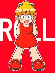 Rule 34 | 1girl, arms behind back, blonde hair, blue eyes, child, highres, mega man (classic), mega man (series), ponytail, red background, ribbon, roll (mega man), yume yoroi