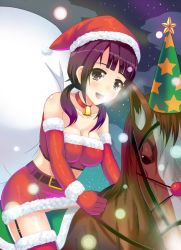 Rule 34 | 10s, 1girl, bell, breasts, brown eyes, brown hair, christmas, cleavage, collar, detached sleeves, garter straps, hat, horse, impossible clothes, impossible shirt, kondou ryunosuke, large breasts, miniskirt, multicolored clothes, neck bell, okita sawa, red thighhighs, santa costume, santa hat, shirt, skirt, snow, snowing, tari tari, thighhighs