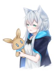 Rule 34 | 1girl, absurdres, amiya (arknights), animal ear fluff, animal ears, aqua eyes, arknights, blue cape, cape, cat ears, cat girl, character doll, doll, grey hair, highres, holding, holding doll, hood, hood down, hooded cape, long hair, looking at viewer, rosmontis (arknights), shirt, simple background, stuffed animal, stuffed rabbit, stuffed toy, we usagi, white background, white shirt