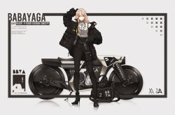 Rule 34 | 1girl, absurdres, baba yaga (vtuber), bicycle, black footwear, black jacket, black pantyhose, black shorts, blonde hair, boots, chinese robot kid, english text, full body, hand in pocket, hand on own head, high heel boots, high heels, highres, indie virtual youtuber, jacket, jewelry, leggings, lips, long hair, looking at viewer, motor vehicle, motorcycle, necklace, open clothes, open jacket, painttool sai (medium), pantyhose, shirt, shorts, solo, standing, virtual youtuber, white shirt, yellow eyes