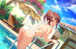 Rule 34 | 1girl, ass, back, bare arms, beach umbrella, bikini, blue sky, blush, bracelet, breasts, brown eyes, brown hair, chair, cloud, day, idolmaster, idolmaster cinderella girls, idolmaster cinderella girls starlight stage, jewelry, long hair, looking at viewer, lounge chair, medium breasts, mifune miyu, official art, open mouth, outdoors, ponytail, pool, pool ladder, poolside, ribbon, side-tie bikini bottom, sidelocks, sky, smile, solo, swimsuit, umbrella, water, wet