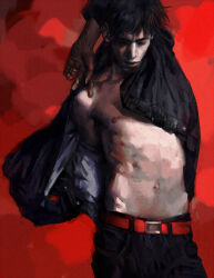 Rule 34 | 1boy, arm up, belt, black hair, closed eyes, collarbone, forget1, male focus, nipples, no shirt, open clothes, original, painterly, pants, partially undressed, photo-referenced, realistic, red background, red theme, short hair, solo, undressing