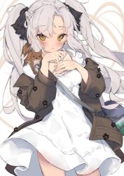 Rule 34 | 1girl, animal, animal on shoulder, aug para (girls&#039; frontline), aug para (river trekking in fall) (girls&#039; frontline), blush, braid, breasts, brown eyes, commentary, cowboy shot, dress, eip (pepai), french braid, frown, girls&#039; frontline, hair ribbon, hand on own chest, jacket, looking at viewer, off shoulder, official alternate costume, ribbon, small breasts, solo, squirrel, twintails, white dress, white hair
