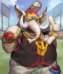 Rule 34 | alternate costume, artist request, backwards hat, baseball bat, baseball cap, baseball stadium, bracelet, card (medium), chain, chaos online, cloud, day, earrings, elephant, hat, jewelry, kingjoe (chaos online), looking at viewer, necklace, no humans, official art, outdoors, ring, sky, solo, sunglasses, tusks