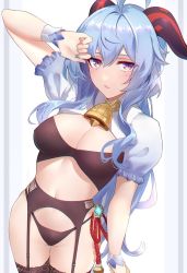 Rule 34 | 1girl, ahoge, bell, blue hair, breasts, cleavage, cowbell, ganyu (genshin impact), genshin impact, highres, horns, large breasts, long hair, looking at viewer, low ponytail, navel, neck bell, purple eyes, shigure s, solo