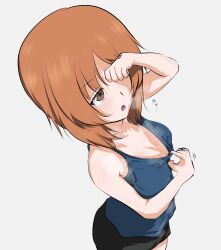 Rule 34 | 1girl, black shorts, blue tank top, blush, boko dream, breasts, brown eyes, brown hair, cleavage, collar tug, commentary, cowboy shot, from above, from side, girls und panzer, grey background, half-closed eyes, highres, looking to the side, medium breasts, motion lines, nishizumi miho, open mouth, short hair, short shorts, shorts, simple background, solo, sportswear, steam, sweat, tank top, translated, wiping sweat