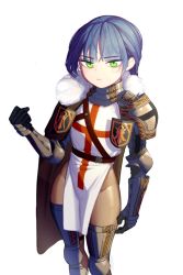 Rule 34 | 1girl, armor, blue hair, bodystocking, cape, fur trim, gauntlets, gloves, greaves, green eyes, mabera, original, pauldrons, shoulder armor, solo, tabard, white background