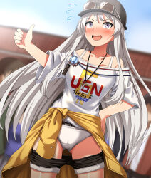 Rule 34 | 1girl, absurdres, azur lane, black hat, black shorts, blurry, blurry background, blush, bra strap, cabbie hat, clothes around waist, clothes pull, commentary request, cowboy shot, crotch seam, cutoffs, day, denim, denim shorts, depth of field, enterprise (anniversary ride) (azur lane), enterprise (azur lane), eyewear on headwear, flying sweatdrops, grey eyes, grey hair, hand on own hip, hat, highres, jacket, jacket around waist, jewelry, long hair, necklace, off-shoulder shirt, off shoulder, official alternate costume, open mouth, outdoors, panties, partial commentary, print shirt, shirt, short sleeves, shorts, shorts pull, smile, solo, sports panties, standing, sunglasses, sweatdrop, t-shirt, thumbs up, underwear, very long hair, white panties, white shirt, yellow jacket, zanntetu