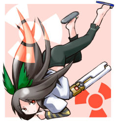 Rule 34 | 1girl, alternate costume, alternate weapon, arm cannon, barefoot, bow, brown hair, casual, female focus, hair bow, kugelschreiber, long hair, red eyes, reiuji utsuho, sandals, solo, touhou, weapon
