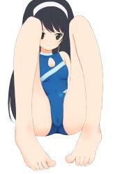 Rule 34 | 10s, 1girl, barefoot, black hair, blush, breasts, brown eyes, cameltoe, cleft of venus, denkaisui, feet, girls und panzer, hair ornament, hairband, highres, reizei mako, simple background, small breasts, solo, spread legs, white background
