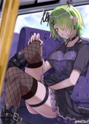 Rule 34 | 1girl, antlers, black nails, black shirt, black skirt, boots, bus interior, casual, ceres fauna, ceres fauna (goth), choker, earrings, fishnet thighhighs, fishnets, goth fashion, grin, hair ornament, hair over one eye, hairclip, highres, hololive, hololive english, horns, jewelry, looking at viewer, mole, mole under eye, multiple earrings, nail polish, necklace, official alternate costume, official alternate hairstyle, rinse 7, shirt, short hair, sitting, skirt, smile, solo, t-shirt, thigh strap, thighhighs, virtual youtuber, yellow eyes, zettai ryouiki