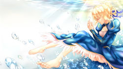 Rule 34 | 1girl, anus, artoria pendragon (all), artoria pendragon (fate), ass, bad id, bad pixiv id, barefoot, blonde hair, blue dress, bottomless, bow, bubble, cleft of venus, closed eyes, covered erect nipples, dress, fate/stay night, fate (series), feet, gradient background, hair bow, highres, light rays, no panties, pussy, saber (fate), shoujo donburi, solo, sunbeam, sunlight, toes, uncensored, underwater, water