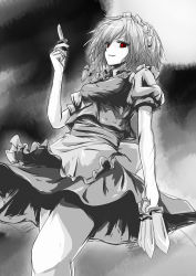 Rule 34 | 1girl, absurdres, bad id, bad pixiv id, between fingers, braid, embodiment of scarlet devil, female focus, greyscale, highres, holding, izayoi sakuya, knife, maid headdress, monochrome, red eyes, sam (new bee), solo, spot color, throwing knife, touhou, twin braids, weapon