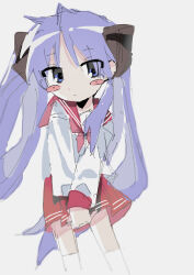 Rule 34 | 1girl, absurdres, black bow, blue eyes, blush stickers, bow, closed mouth, double horizontal stripe, enorari, eyes visible through hair, frown, hair bow, highres, hiiragi kagami, kneehighs, legs apart, light purple hair, long hair, long sleeves, lucky star, miniskirt, multiple hair bows, neckerchief, pink neckerchief, red sailor collar, red skirt, ryouou school uniform, sailor collar, school uniform, serafuku, simple background, skirt, socks, solo, standing, twintails, v arms, very long hair, white background, white serafuku, white socks