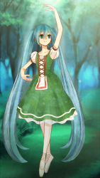 Rule 34 | 1girl, alternate costume, aqua eyes, aqua hair, arm up, bad id, bad pixiv id, ballet, ballet slippers, bare arms, dress, forest, gere (gere2500), giselle (ballet), green dress, hatsune miku, long hair, looking up, nature, pantyhose, port de bras, smile, solo, twintails, very long hair, vocaloid