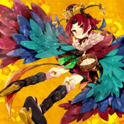 Rule 34 | 1girl, benienma (fate), benienma (third ascension) (fate), bird hat, black footwear, blue ribbon, bow, commentary request, fate/grand order, fate (series), feather-trimmed sleeves, floral background, full body, green bow, hair ribbon, hat, holding, japanese clothes, kimono, leg armor, long hair, long sleeves, looking at viewer, low ponytail, ohitsu, okobo, parted bangs, red eyes, red hair, ribbon, sandals, shampoo, sideways glance, simple background, smile, socks, solo, very long hair, w00p, waist bow, white socks, wide sleeves, yellow background
