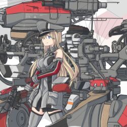 Rule 34 | 1girl, bismarck (kancolle), blue eyes, breasts, brown gloves, cannon, commentary request, cowboy shot, dress, elbow gloves, gloves, grey dress, grey hat, grey thighhighs, hachidori (ippatsuya), hat, kantai collection, long hair, machinery, mast, medium breasts, military uniform, multicolored clothes, multicolored gloves, peaked cap, solo, standing, thighhighs, turret, uniform