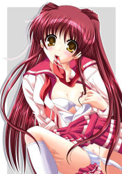 Rule 34 | 00s, 1girl, breasts, cleavage, kneehighs, kousaka tamaki, medium breasts, mouth hold, nipples, panties, pussy, red hair, school uniform, serafuku, socks, solo, striped clothes, striped panties, thighhighs, to heart (series), to heart 2, uncensored, underwear, undressing, white socks, yellow eyes