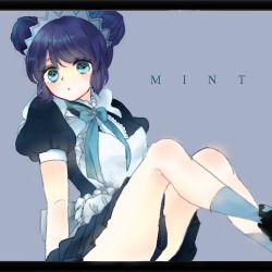 Rule 34 | 1girl, aizawa mint, blue background, blue eyes, blue hair, blush, character name, double bun, frills, knees up, ku (uuuy 1015), letterboxed, looking at viewer, matching hair/eyes, simple background, sitting, solo, tokyo mew mew, waitress