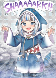 1girl animal_hood blue_eyes blue_hair blue_nails blunt_bangs blush english_text fins fish_tail gawr_gura gawr_gura_(1st_costume) grey_hair highres hololive hololive_english hood hoodie in_water itou_yuuji long_sleeves looking_at_viewer multicolored_hair nail_polish onsen open_mouth outdoors pocket shark_girl shark_hood shark_tail sharp_teeth solo speech_bubble streaked_hair tail teeth virtual_youtuber water wide_sleeves