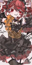 1girl bat_wings black_choker black_dress black_nails black_tail black_thighhighs black_wings choker claw_pose demon_tail dress drill_hair ebi834 fangs garter_straps grin hair_between_eyes hands_up kasane_teto looking_at_viewer maid_headdress multicolored_nails pumpkin red_eyes red_hair red_nails short_hair simple_background skull_choker smile solo tail teeth thighhighs twin_drills uneven_eyes utau v-shaped_eyebrows white_background wings zettai_ryouiki